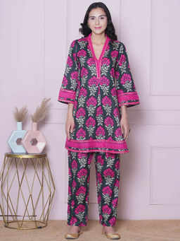 BHAMA COUTURE - Pink Floral Printed Pure Cotton A-Line Co-Ord Set
