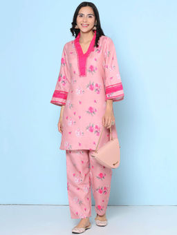 BHAMA COUTURE - Pink Floral Printed Cotton Blend A-Line Co-Ord Set