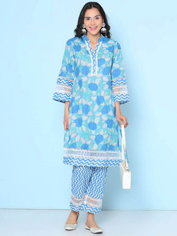 BHAMA COUTURE - Blue Floral Printed Pure Cotton Straight Kurta with Pant
