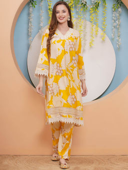 BHAMA COUTURE - Mustard Floral Printed Viscose Rayon Straight Co-Ord Set