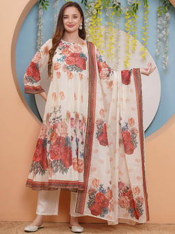 BHAMA COUTURE - Off White Floral Printed Silk Blend Anarkali Kurta and Pant with Dupatta