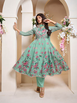 BHAMA COUTURE - Green Floral Printed Silk Blend Anarkali Kurta and Pant with Dupatta