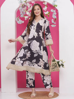 BHAMA COUTURE - Black Floral Printed Viscose Rayon A-Line Co-Ord Set