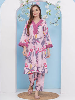 BHAMA COUTURE - Pink Floral Printed Viscose Rayon Straight Co-Ord Set