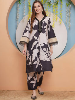 BHAMA COUTURE - Black Floral Printed Viscose Rayon Straight Co-Ord Set