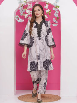 BHAMA COUTURE - White Floral Printed Viscose Rayon A-Line Co-Ord Set