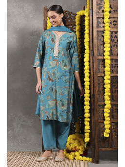 Rangriti - Women Blue Viscose Blend Printed Straight Kurta with Pant & Dupatta