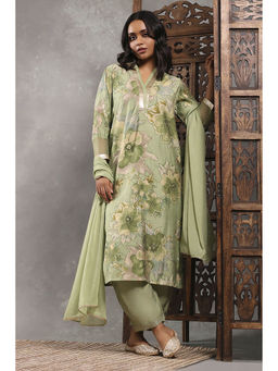 Rangriti - Women Sea Green Viscose Blend Printed Straight Kurta with Pant & Dupatta