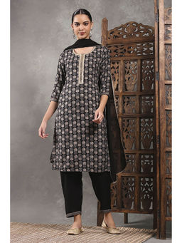 Rangriti - Women Black Viscose Blend Printed Straight Kurta with Pant & Dupatta