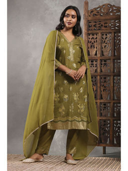 Rangriti - Women Green Viscose Rayon Printed Straight Kurta with Pant & Dupatta