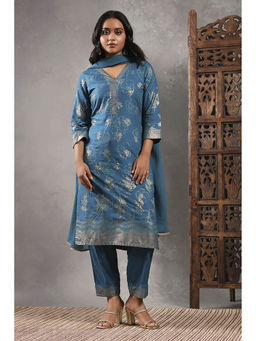 Rangriti - Women Teal Viscose Rayon Printed Straight Kurta with Pant & Dupatta