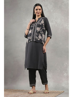 Rangriti - Women Black Viscose Blend Printed Straight Kurta with Pant & Jacket