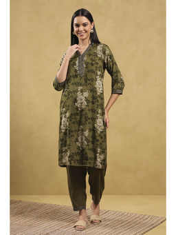 Rangriti - Women Green Viscose Blend Printed Straight Kurta with Pant