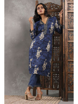 Rangriti - Women Indigo Viscose Blend Printed Straight Kurta with Pant