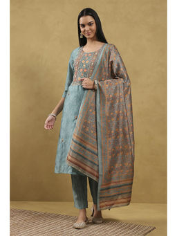 Rangriti - Women Blue Polyester Floral Straight Kurta with Pant & Dupatta