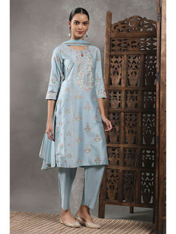 Rangriti - Women Blue Viscose Blend Printed Straight Kurta with Pant & Dupatta
