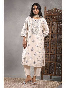 Rangriti - Women Off White Viscose Blend Printed Straight Kurta with Pant & Dupatta