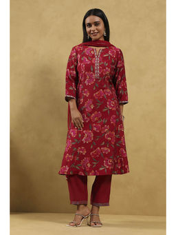 Rangriti - Women Pink Viscose Blend Printed Kalidar Kurta with Pant & Dupatta