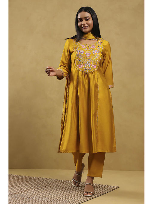 Rangriti Women Mustard Polyester Solid Straight Kurta with Pant & Dupatta