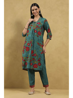 Rangriti - Women Green Viscose Blend Printed Straight Kurta with Pant