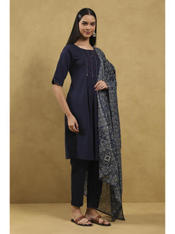 Rangriti - Women Indigo Blue Cotton Solid Gathered Kurta with Pant & Dupatta