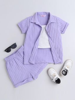 Taffy - Textured Half Sleeves Shirt with Shorts & Crop Top - Purple (Set of 3)