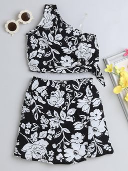Taffy - Floral Sleeveless One Shoulder Crop Top with Skirt - Black (Set of 2)