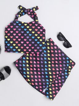 Taffy - Heart Printed Sleeveless Halter Crop Top with Skirt - Black (Set of 2)