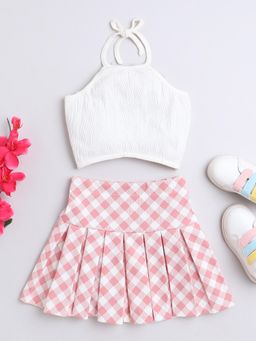Taffy - Halter Neck Crop Top with Checks Printed Skirt - Pink (Set of 2)