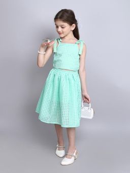 Taffy - Organza Checks Shoulder Tie-Up Crop Top & Skirt - Green (Set of 2)