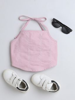 Taffy - Stitch Detail Halter Neck Back Tie Up Crop Top - Pink