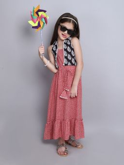 Taffy - Floral Printed Ethnic Dress with Sleeveless Crop Jacket - Red (Set of 2)