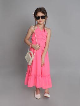 Taffy - Dobby Design Front Ruched Halter Neck Maxi Dress - Pink