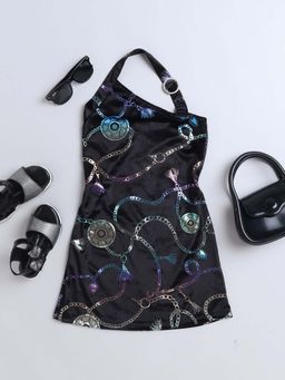 Taffy - Foil Printed Sleeveless One Shoulder A-line Party Dress - Black