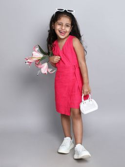 Taffy - Linen Solid Sleeveless Buckle Detail Wrap Dress - Pink