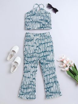 Taffy - 100% Cotton Abstract Printed Halter Cut Out Neck Co-ord - Green (Set of 2)
