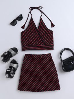 Taffy - Stripes Printed Halter Neck Crop Top with Skirt - Black (Set of 2)