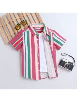Taffy - Cotton Stripes Half Sleeves Shirt with Attached T-shirt - Multi-Color