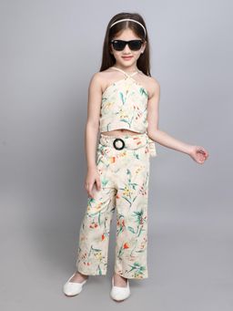 Taffy - Floral Printed Halter Neck Co-ord with Belt - Off White (Set of 3)