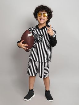 Taffy - Stripes Printed Full Sleeves Hoodie with Matching Shorts - Black (Set of 2)