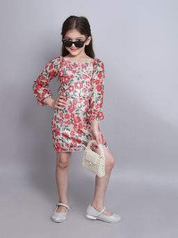 Taffy - Embellished Full Sleeves Boat Neck Party Dress with Belt - White (Set of 2)