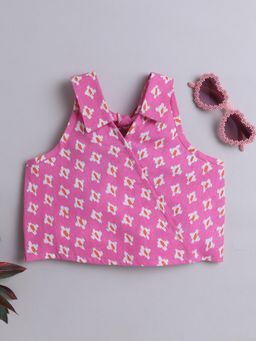 Taffy - Printed Halter Neck Back Tie Up Crop Top - Pink