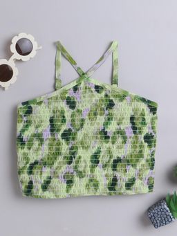 Taffy - Printed Sleeveless Halter Neck Smoked Crop Top - Green