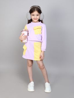 Taffy - Colorblock Full Sleeves Sweatshirt & Skirt - Lavender (Set of 2)