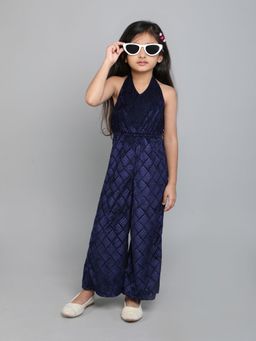 Taffy - Embossed Velvet with Stone Detailed Halter Neck Jumpsuit - Navy Blue