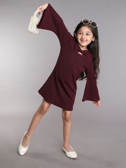 Taffy - Lurex Houndstooth Full Sleeves Above Knee Length A-line Party Dress - Maroon