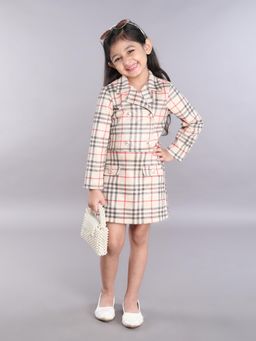 Taffy - Checks Full Sleeves Double Breasted Crop Jacket with Skirt - Beige (Set of 2)