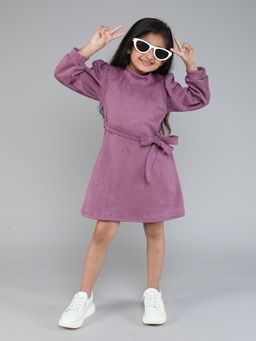 Taffy - Suede High Neck Full Sleeves A-line Dress with Belt - Purple (Set of 2)