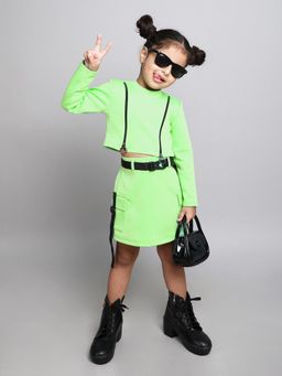 Taffy - Zipper Full Sleeves Crop Top & Skirt with Belt - Green (Set of 2)