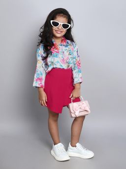 Taffy - Floral Printed Satin Oversized Shirt & Skort - Pink (Set of 2)